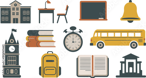 School Icons Illustration Featuring Building, Clock Tower, Books, Alarm Clock, School Bus, and Backpack