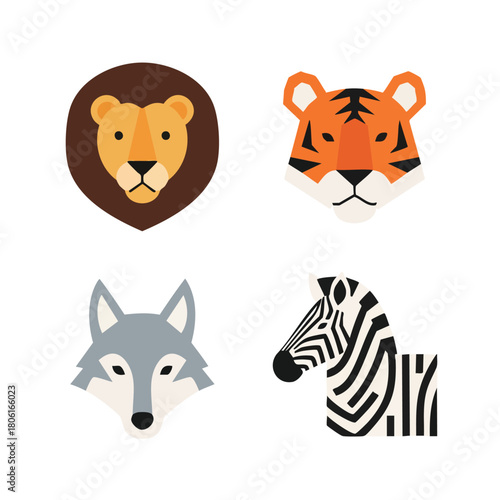 Collection of wild animal heads in a flat geometric style.