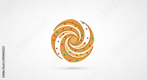 An abstract swirl logo design featuring a captivating blend of tan and white hues, adorned with colorful dots, isolated on
