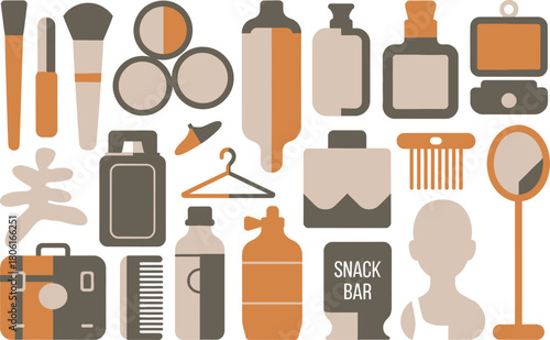Stylized Beauty Products and Accessories Flat Icons in Beige and Brown Color Palette