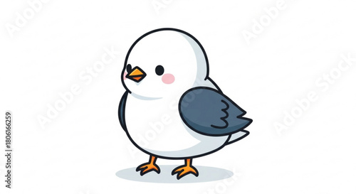 A charming cartoon bird with fluffy white feathers and a touch of pink on its cheeks, isolated on