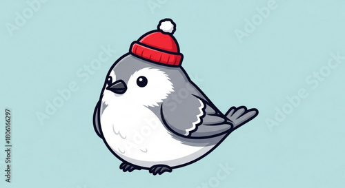 Cute gray chickadee wearing a red winter hat with a pompom, isolated on a light blue background, perfect for winter holiday designs and decorations
