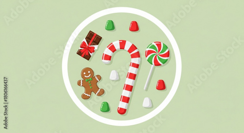 Festive christmas candy and gingerbread man arranged in a circle on a light green background, symbolizing holiday cheer and sweet treats