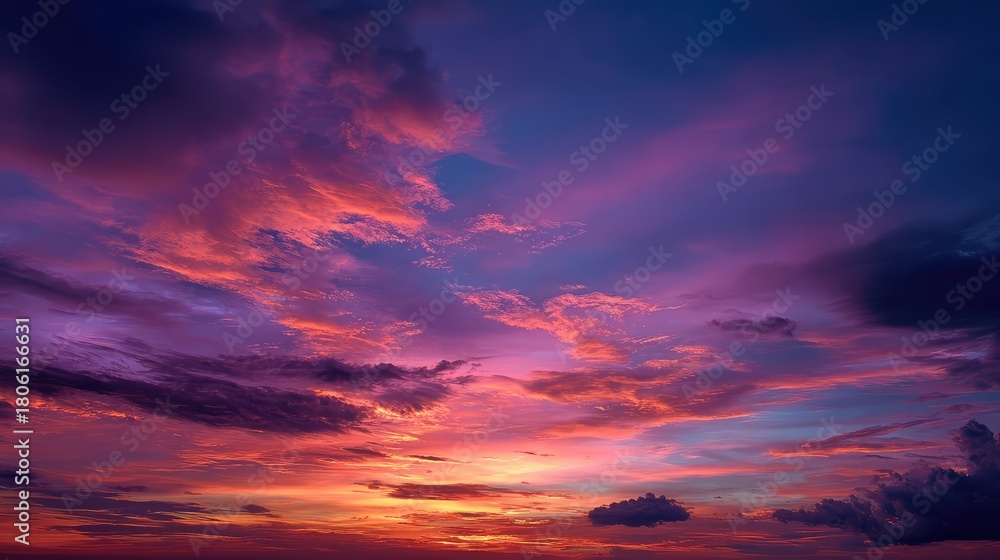 Obraz premium peace. A breathtaking sunset sky panorama with vibrant warm hues and glowing clouds. inspiring travel planning, travel magazines, designed for travel destination branding, inspires travel planning.