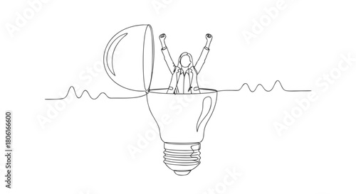 Continuous single line drawing depicting a business person celebrating success, breaking free from a bright idea lightbulb, a dynamic vector graphic representing innovation and breakthrough