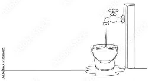 Smooth continuous line vector illustration of a water faucet slowly filling a bucket, symbolizing responsible water use and resource preservation