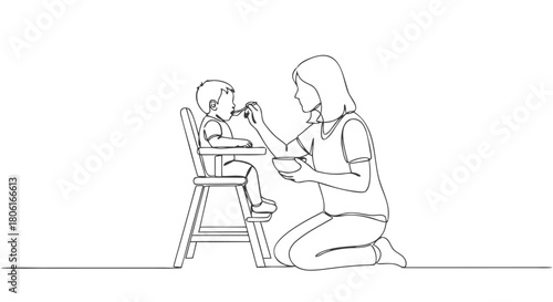 Continuous line drawing of a mother lovingly feeding her baby in a high chair, illustrating family care and bonding