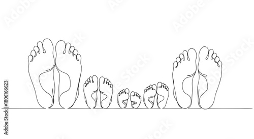 Modern continuous line drawing portraying five pairs of human feet, symbolizing family bonds, growth, and connection with elegant simplicity