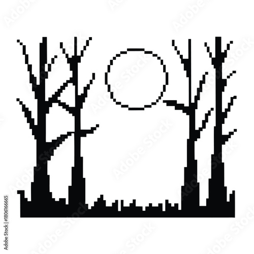 Pixelated full moon shines behind silhouette of bare trees in simplistic landscape