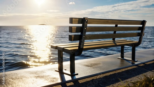 Morning sun casts a warm glow on a serene seaside bench perched high on a gentle bank