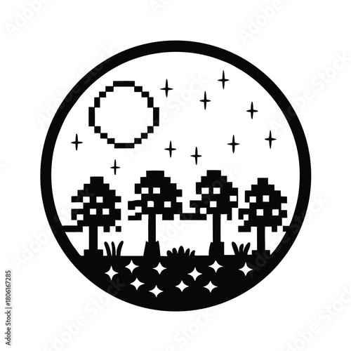 Pixelated trees stand silhouetted under a moonlit sky filled with shining stars