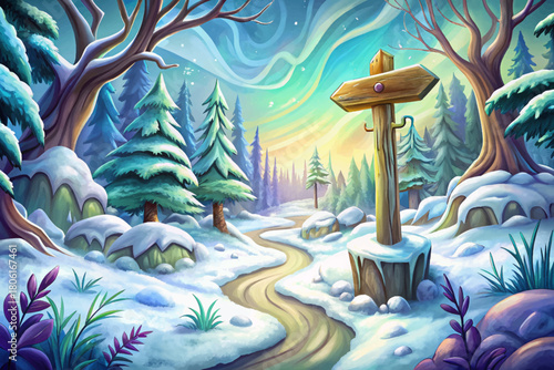 Snow falling on forgotten path landscape cartoon, weathered signpost leaning, surrounded by silent white forest