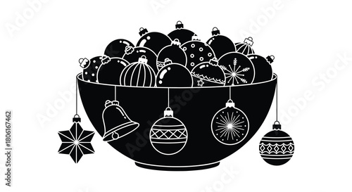 A large black bowl overflowing with various christmas ornaments and decorations hanging from its rim