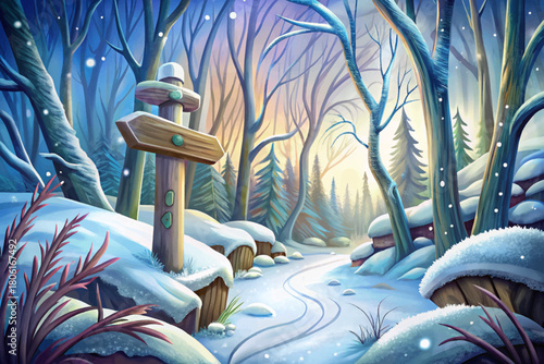 Snow falling on forgotten path landscape cartoon, weathered signpost leaning, surrounded by silent white forest