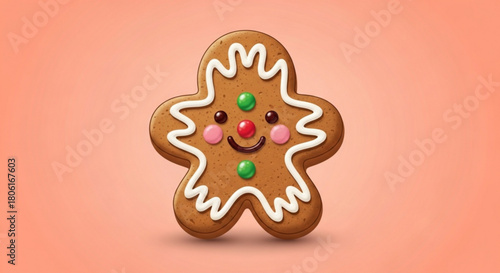 A charming gingerbread man cookie with colorful decorations smiles sweetly against a soft peach background, radiating holiday cheer