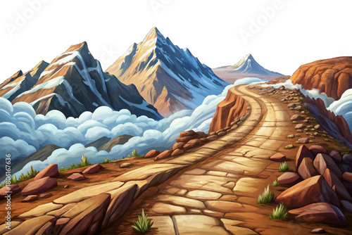 Steep dirt track climbing up rocky mountains landscape background, snow drifting across the ground and clouds touching peaks
