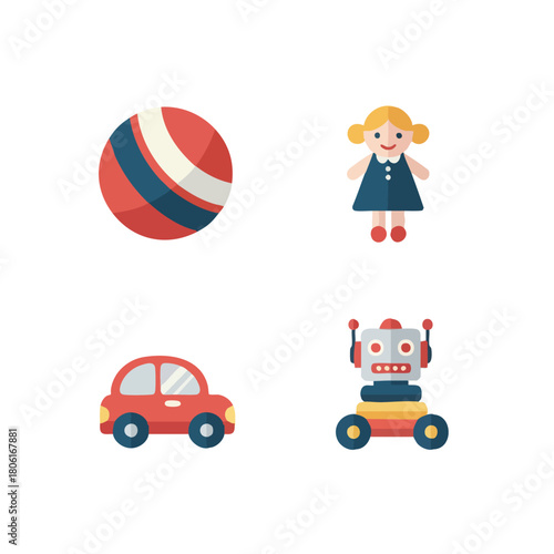 Colorful flat design icons of childrens toys.
