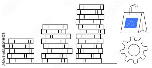 Coin stacks increasing in height, a shopping bag with a recycling icon, and a gear symbol. Ideal for finance, sustainability, e-commerce, business growth, economy investment and technology. A