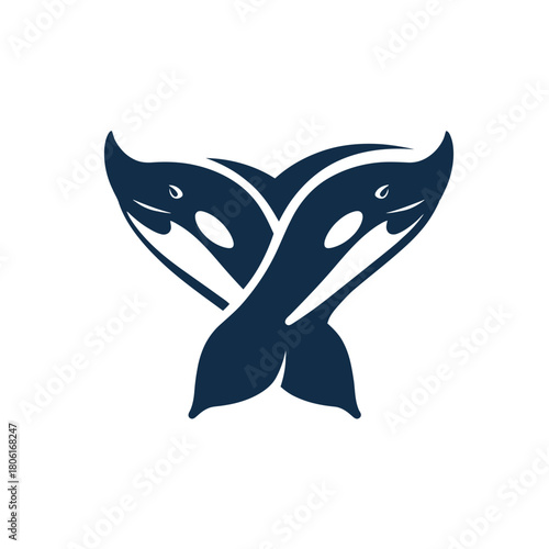 Abstract illustration of two orcas forming a heart shape on a white background