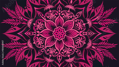 Floral pattern featuring pink and blue leaves on a black background..eps