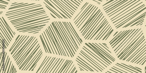 Abstract geometric pattern of green lines forming hexagonal shapes on a beige background, a minimalist and modern design