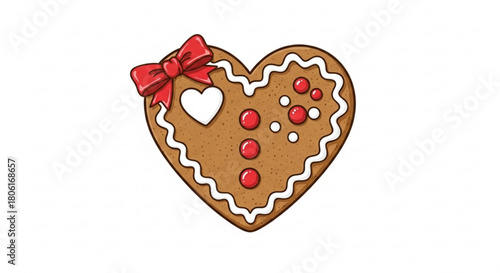 A delightful gingerbread heart cookie, isolated on, adorned with a charming red bow and festive red and white candy decorations, perfect for christmas