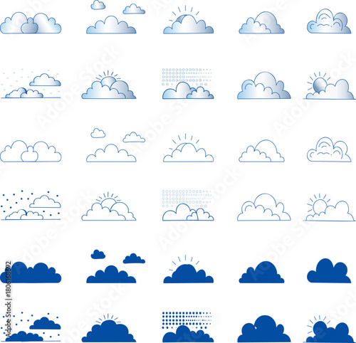 weather icon set vector, Collection of diverse cloud shapes floating in a clear gradian blue sky  