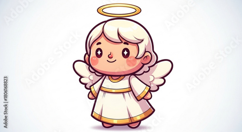 A delightful cartoon illustration of a cute angel with a golden halo and delicate wings, isolated on, radiating innocence and charm