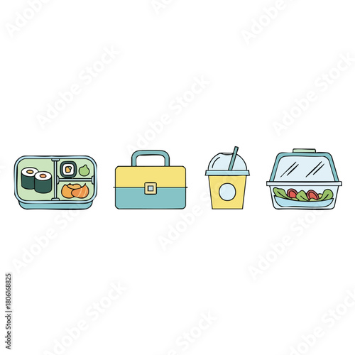 Colorful icon set of packed lunch containers and food items.