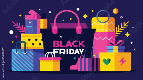 Promotional banner for Black Friday sale with a shopping cart and vibrant balloons, highlighting special offers..eps