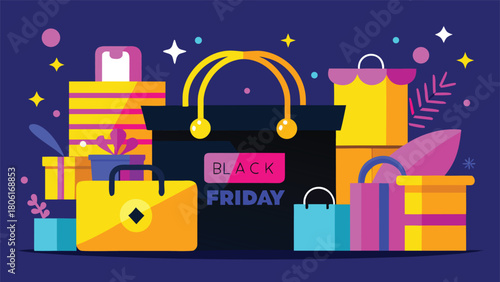 Black Friday sale banner featuring a shopping cart and colorful balloons against a festive background..eps