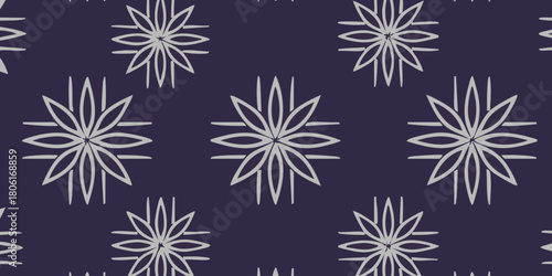 Elegant seamless pattern featuring symmetric stylized floral motifs on a deep dark purple background, ideal for modern textile designs, sophisticated branding, and luxurious digital art projects