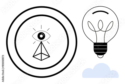 Geometric eye centered in a target, alongside a lightbulb and cloud symbol. Ideal for innovation, idea generation, vision, exploration, creativity, problem-solving, and minimalistic design as