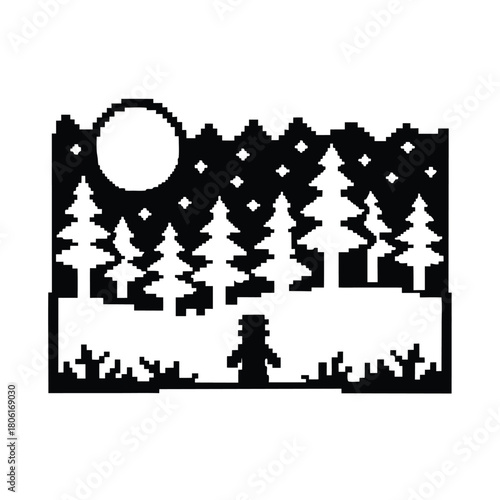 Pixelated silhouette presents a solitary figure amidst the starlit trees beneath the moonlit sky