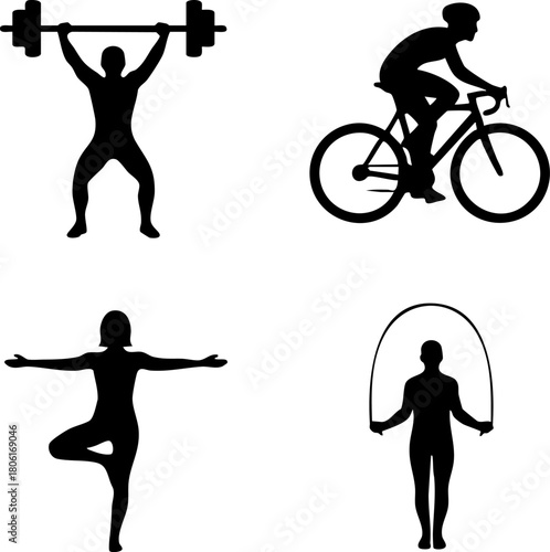 A collection of black silhouette icons representing various fitness activities like weightlifting, cycling, yoga, and jump rope for a healthy lifestyle concept