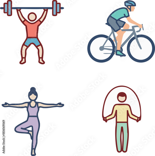 Collection of fitness icons representing weightlifting, cycling, yoga, and jump rope exercises for a healthy lifestyle