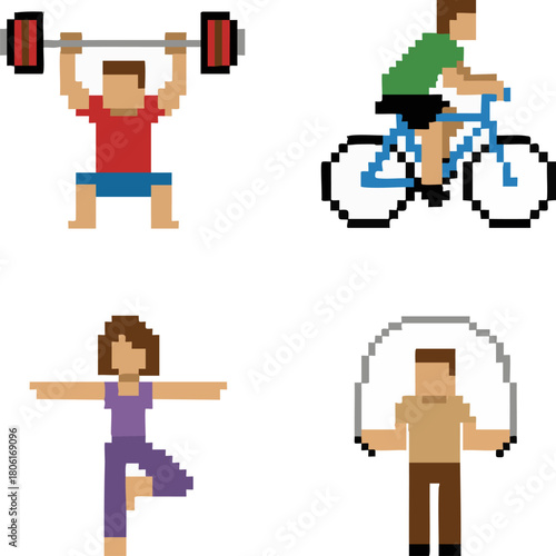 Pixel art icons representing fitness activities weightlifting, cycling, yoga, and jump rope exercise