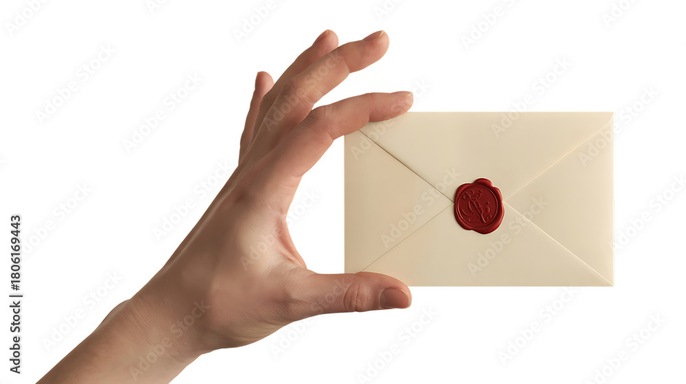 Fototapeta premium A hand holding a sealed cream envelope on a transparent background