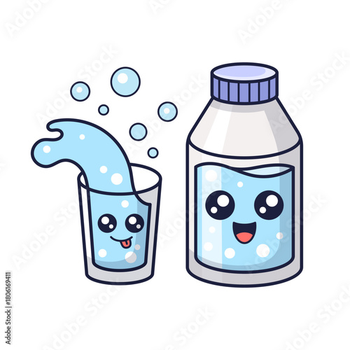 Bottle of water with glass, mouthwash, mineral water kawaii illustration. Vector illustration. Hand drawn cartoon style. Oral hygiene concept. Dental tool. Drink more water