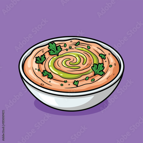 A cartoon illustration of a bowl of creamy dip or soup, garnished with green oil swirl and fresh herbs on a purple background.