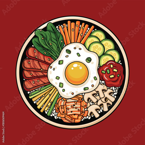 A vibrant and colorful illustration of a traditional Korean Bibimbap dish with a fried egg, rice, and various fresh vegetables.