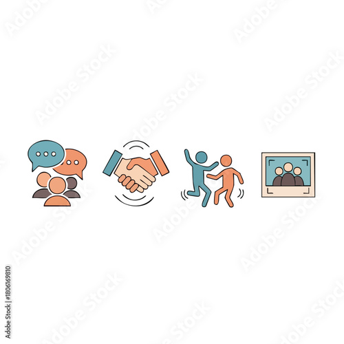 Colorful Social Interaction Icons for Communication and Partnership.