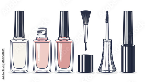 Chic beauty essentials artfully arranged: Nail polish bottles and makeup brush create an elegant fashion statement for modern cosmetic advertising