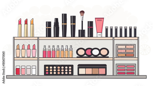 Elegant beauty product display on shelves featuring lipsticks, eye shadows, and brushes for makeup artists, cosmetic brands, and beauty enthusiasts