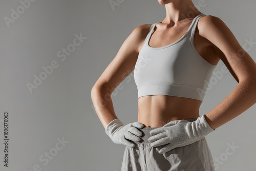 closeup shot of gloved hands resting on hips after workout conveying sense of happiness