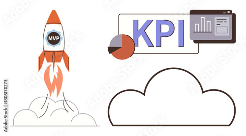 Rocket labeled MVP taking off with clouds, KPI chart, analytics dashboard, and graphical data elements. Ideal for innovation, growth, performance, metrics, leadership success simple flat metaphor