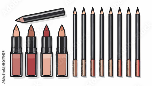 Elegant lipsticks and liners in various shades for a modern makeup collection, perfect for beauty blogs, product mockups, and cosmetic advertisements