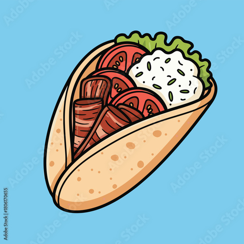Cartoon illustration of a delicious gyro or shawarma wrap with meat, tomatoes, lettuce, and sauce on a blue background.