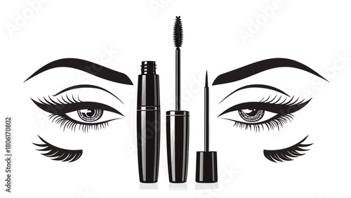 Dramatic eyes with long lashes and winged eyeliner, enhanced by mascara, perfect for beauty tutorials, makeup ads, or cosmetic product promotion