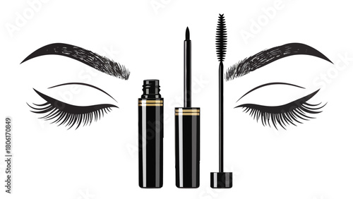 Elegant vector art of eyelashes and eyebrows with mascara, perfect for beauty blogs, makeup tutorials, and cosmetic product promotions to enhance visual appeal